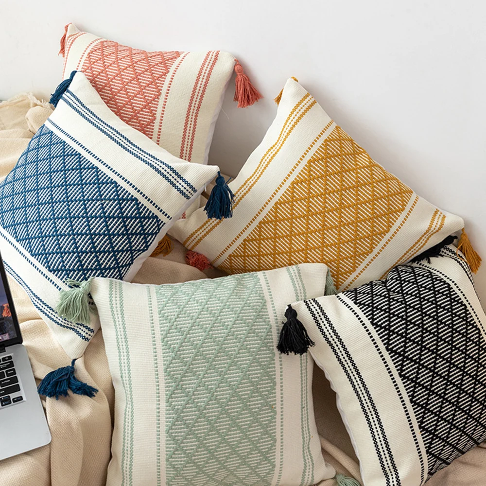 

45X45CM Pillowcase With Tassel Plaid Cotton Thread Woven Cushion Cover INS Simplicity Home Decor Comfortable Soft Pillowcases