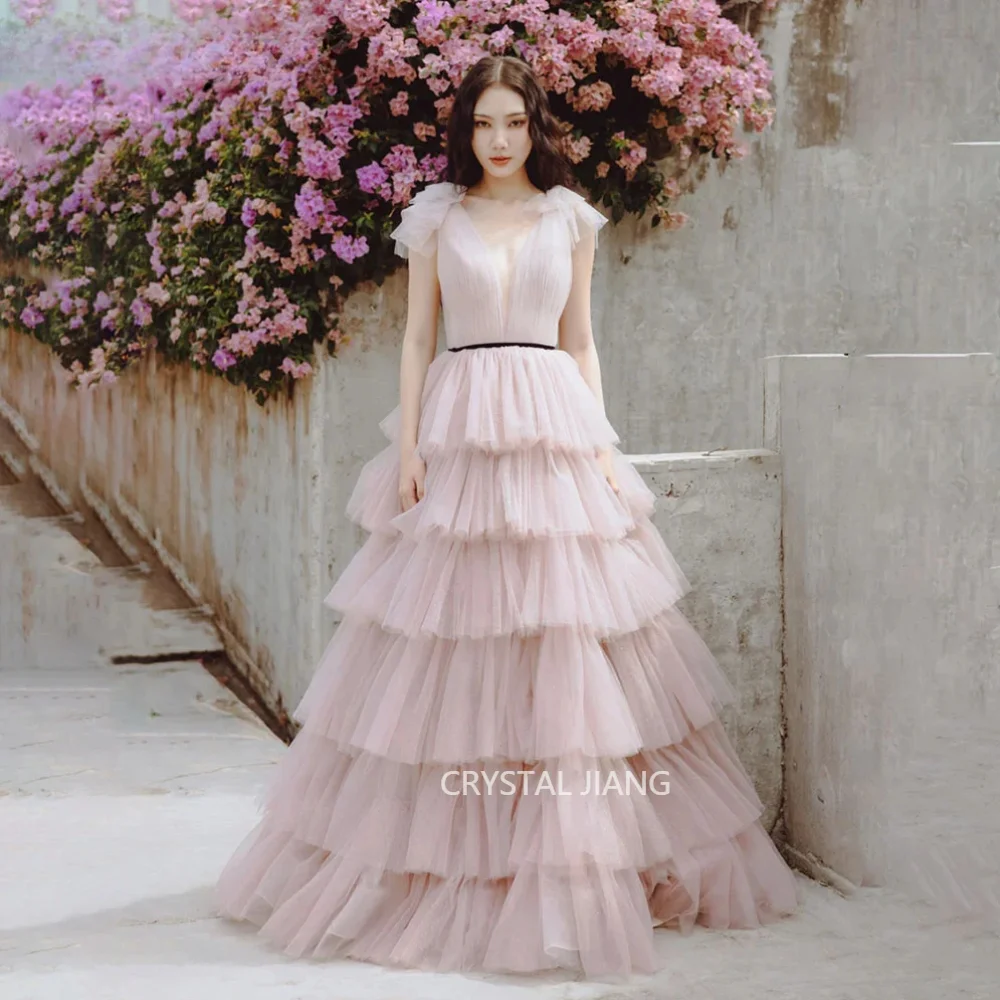 Шикарные Длинные розовые вечерние платья из тюля без рукавов с V-образным вырезом