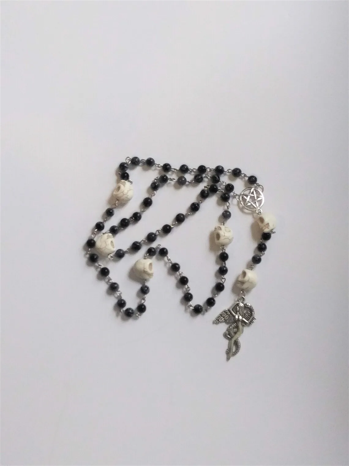 Black skull rosary, Obsidian rosary, Lilith prayer beads, Witch gifts for wife, Sabbat gifts for her, Memento Mori rosary, Pagan