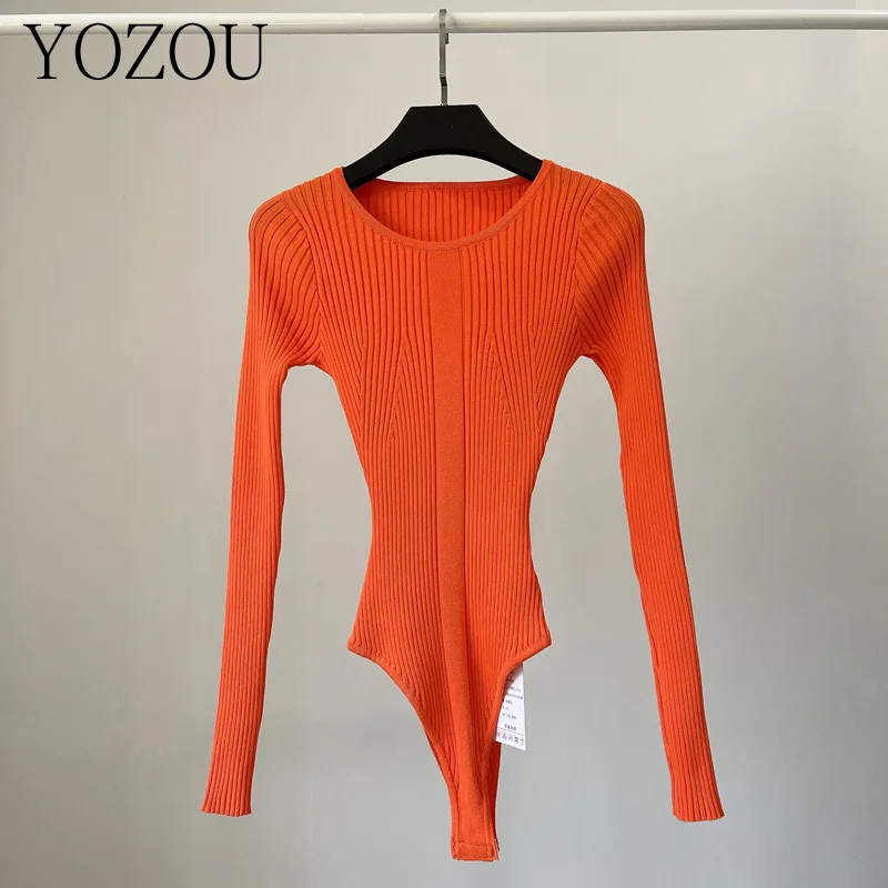 

[YOZOU] Cotton Orange Gray Black White Solid Slim Bodycon Knitwear O Neck Knitted Bodysuits Sweater Pullover Jumper Women Girls