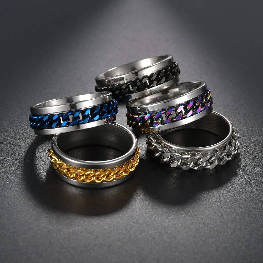 

Ins Fashion Women Rotatable Chain Link Men's Spinner Ring Stainless Steel Men's Titanium Anxiety Fidget Corkscrew Ring Gift