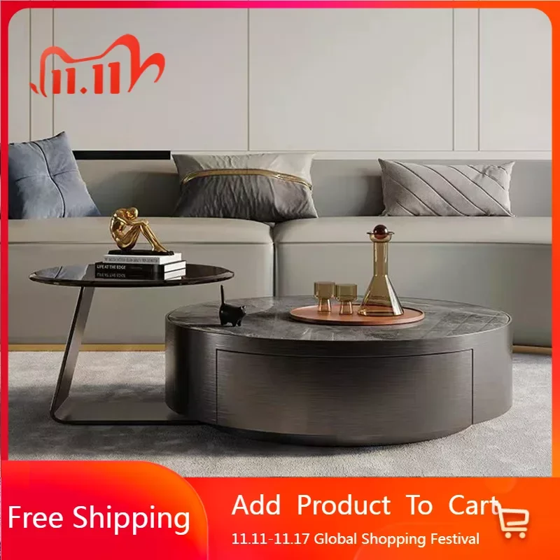 

Light Luxury Coffee Table, Modern Italian Minimalist Living Room, Small Household, Stainless Steel Round Stone Slate Glass Coffe