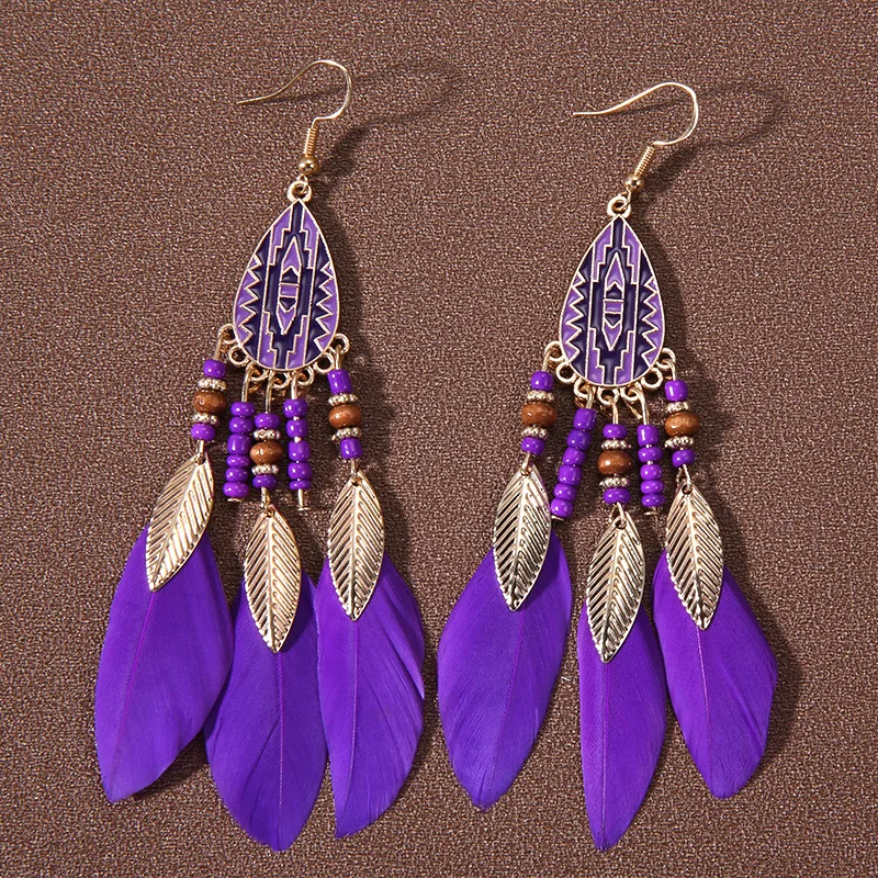 

Fashion Bohemian Ethnic Women's Long Feather Earrings Drop Glaze Wood Beads Leaf Tassel Earring Female Wedding Vacation Jewelry