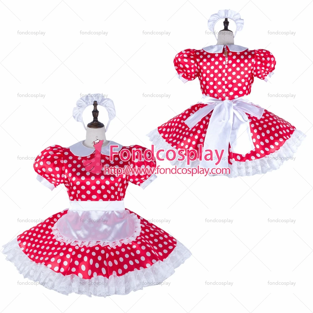 

adult sexy cross dressing sissy maid red dots satin dress lockable Uniform white apron costume Tailor-made[G2306]