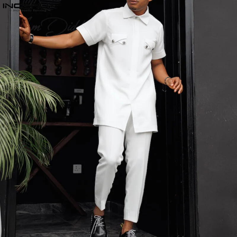 

Мужской комплект из рубашки и брюк, однотонная мусульманская одежда, уличная одежда с отложным воротником и короткими рукавами, мужские костюмы из 2 предметов в исламском и арабском стиле, INCERUN, 2023