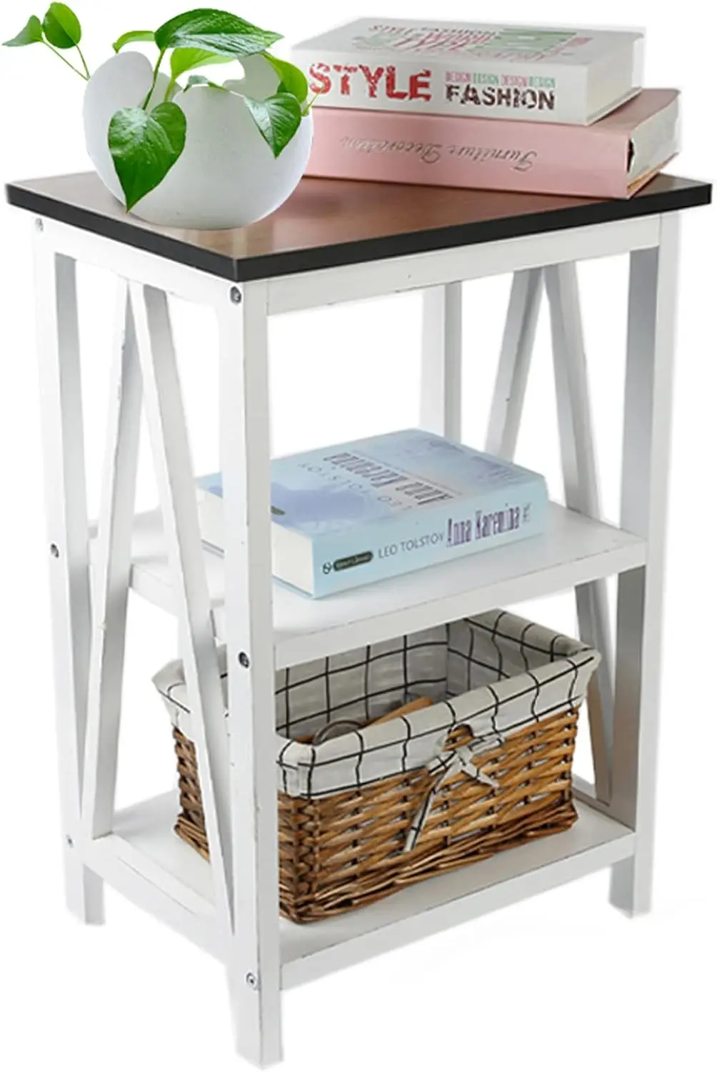 

Nightstand 3-Tier Side Table Storage Shelf Living Room Storage Table End Table Brown Vintage Coffee Rustic Nightstand Easy Asse