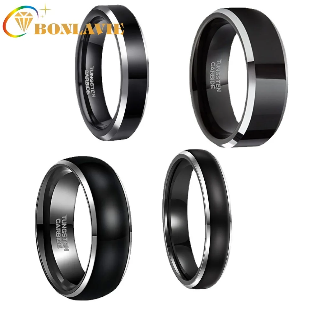 

BONLAVIE 6mm & 8mm Tungsten Carbide Polished Beveled Men's Women Ring Engagement Black Smooth Flat and Dome Ring Gift Jewelry