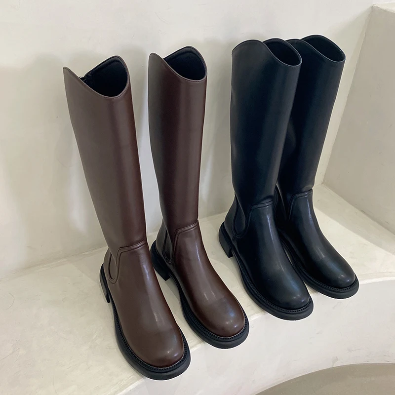 

Round Toe Women Knee High Boots Martin Shoes Flat Low Heels Platform Shoes Side Zipper Black Brown Winter Pumps Comfortable Bota