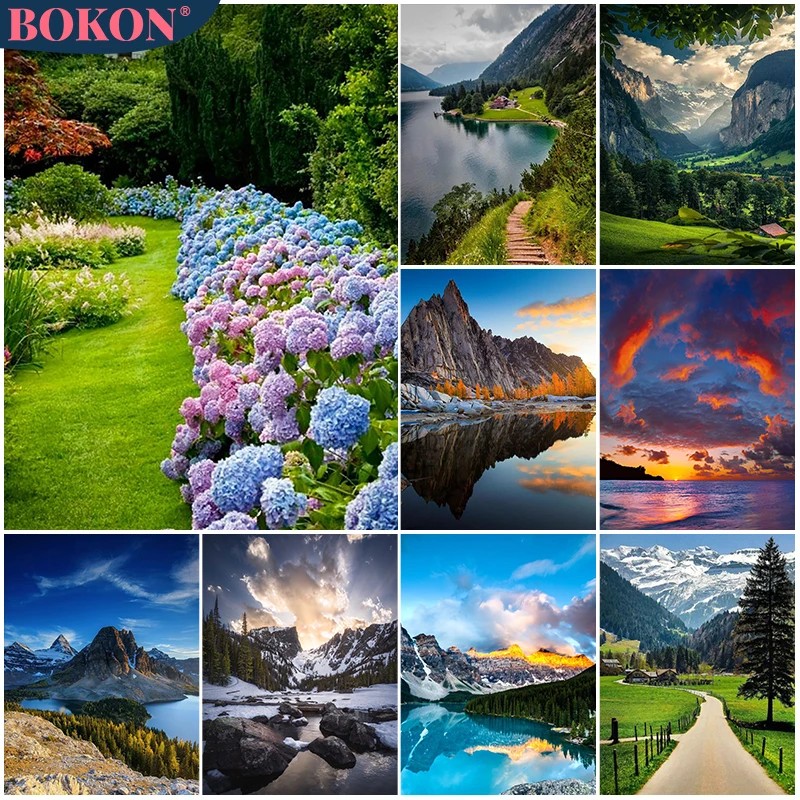 

5D алмазная живопись, природный пейзаж, горы, Набор для вышивки крестиком, Алмазная мозаика пейзаж с цветком, домашний декор, подарок