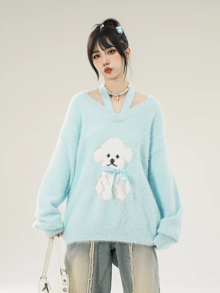 Korean Sle Puppy Jacquard Hanging Neck V-neck Sweater Women's 2024 New Loose Sweet Soft Glutinous Knit Top