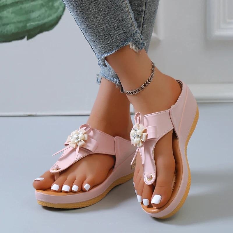 Metal Sequins Platform Flip Flops Women's Outdoor Comfort Wedge Slippers 2022 Summer Beach Sandals Size 43  De Mujer Slides