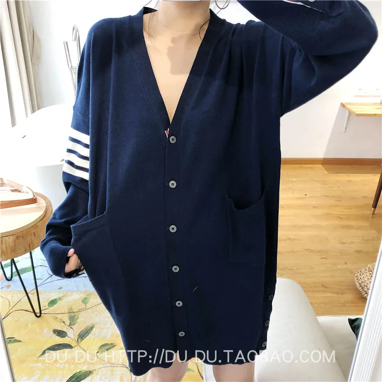 TB Autumn and Winter Korean Four-bar Arm Striped Tb Style Knitted V-neck Cardigan Jacket Casual Versatile Mid-length