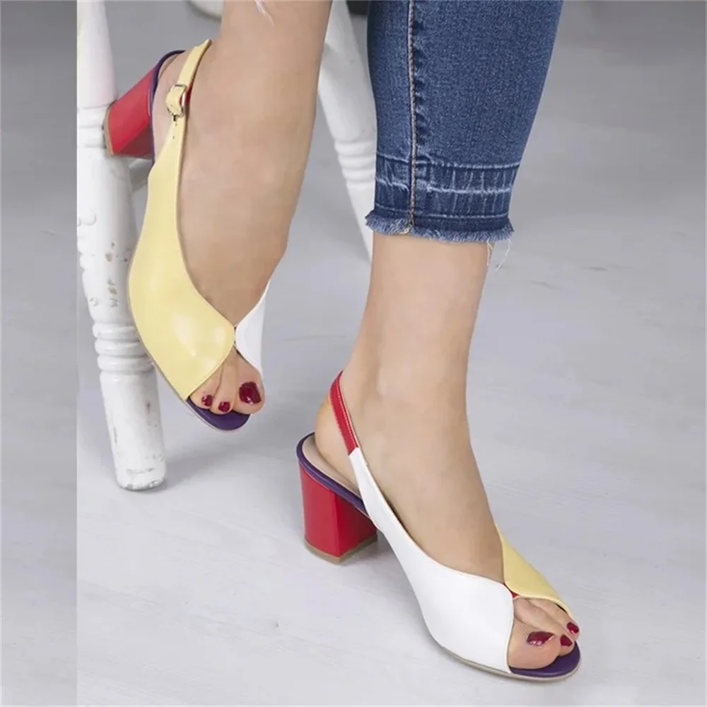 Sandals Women 2023 Summer New Elegant Patchwork Adjustable Buckle Chunky Heel Peep Toe Shoes 43 Big Size 7.5CM Dress Pumps images - 6