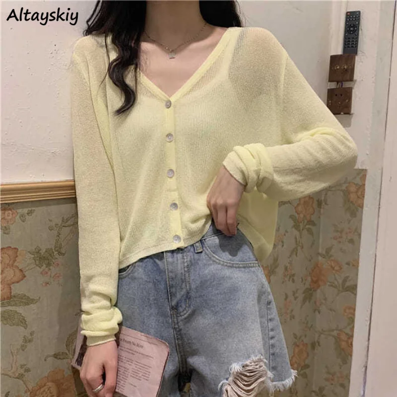 

Transparent Cardigans Women Sweater Lightweight Solid V-neck Sweet Summer Sexy Thin Sun-proof Leisure Streetwear Fashion Knitted