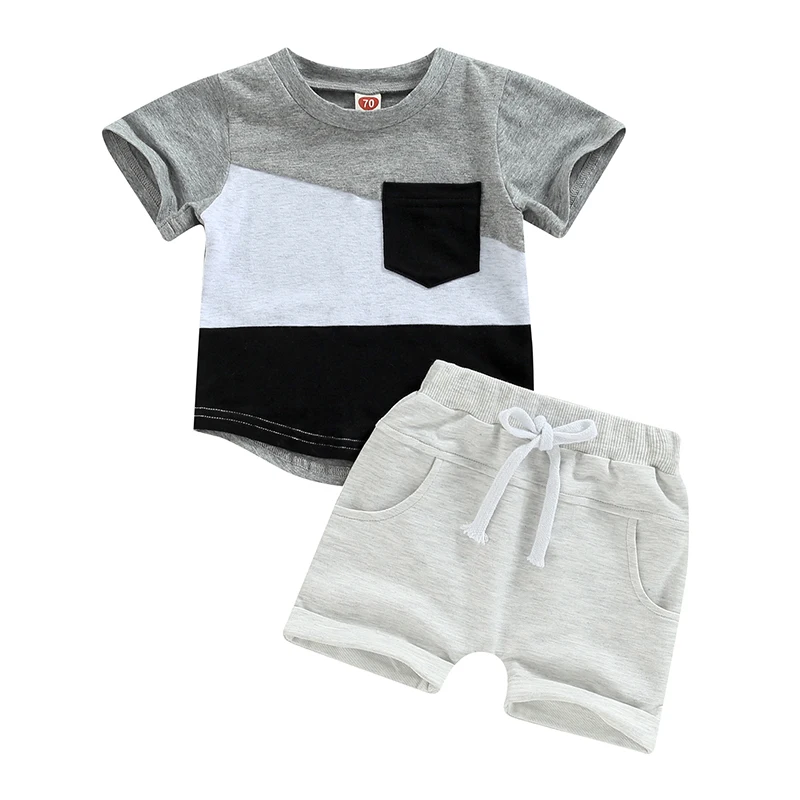 

Комплект летней одежды для маленьких мальчиков, футболка с коротким рукавом и круглым вырезом, топ с эластичным поясом и Шорты, модный костюм из 2 предметов, контрастные цвета