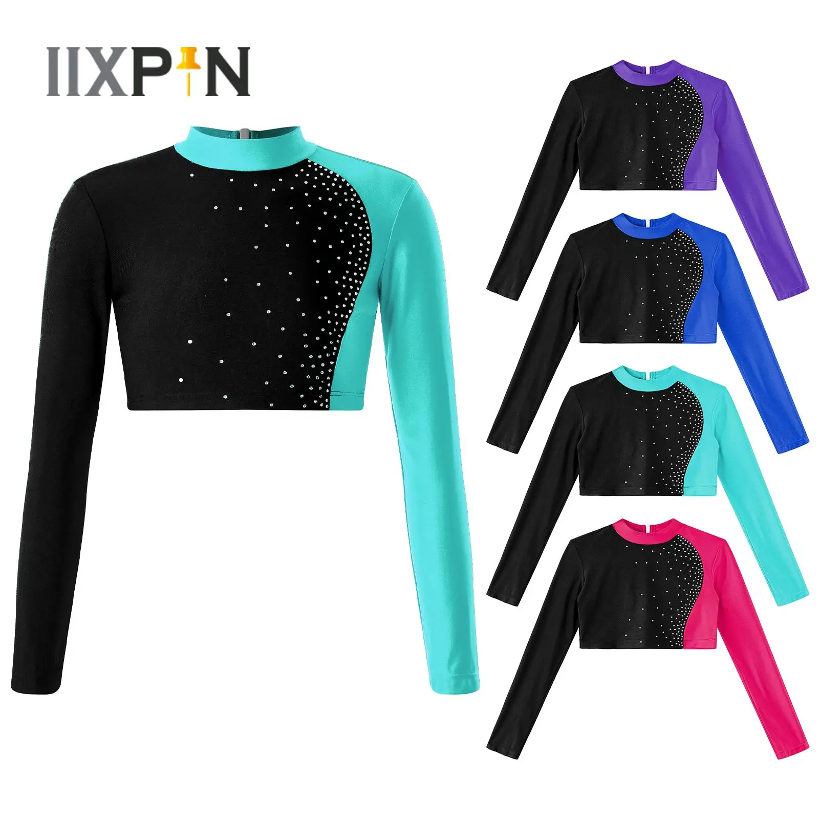 

Kids Girls Ballet Dance Tops Long Sleeve Shiny Rhinestone Hollow Back Contrast Color Crop Top Yoga Gymnastics Workout Sportswear