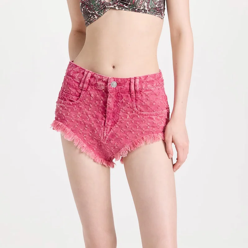 

23 Summer Casual Pure Cotton Shorts Women Runway Elegant Washing Water Fringed Denim Shorts Fashion Slim High Waist Short Pants