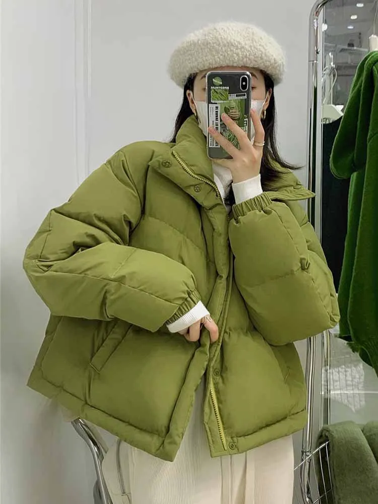 

Winter Women White Duck Down Coat Female Hooded Button Zipper Long Jacket Casual Loose Thick Warm Puffer Outwear