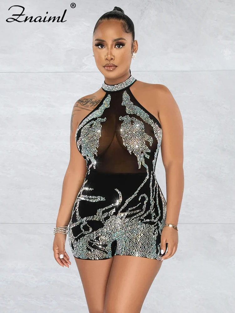 

Znaiml Sexy Sleeveless Bodycon Jumpsuit Shorts Bodysuits Women Rhinestones See Through Mesh Playsuit Romper Night Club Outfit