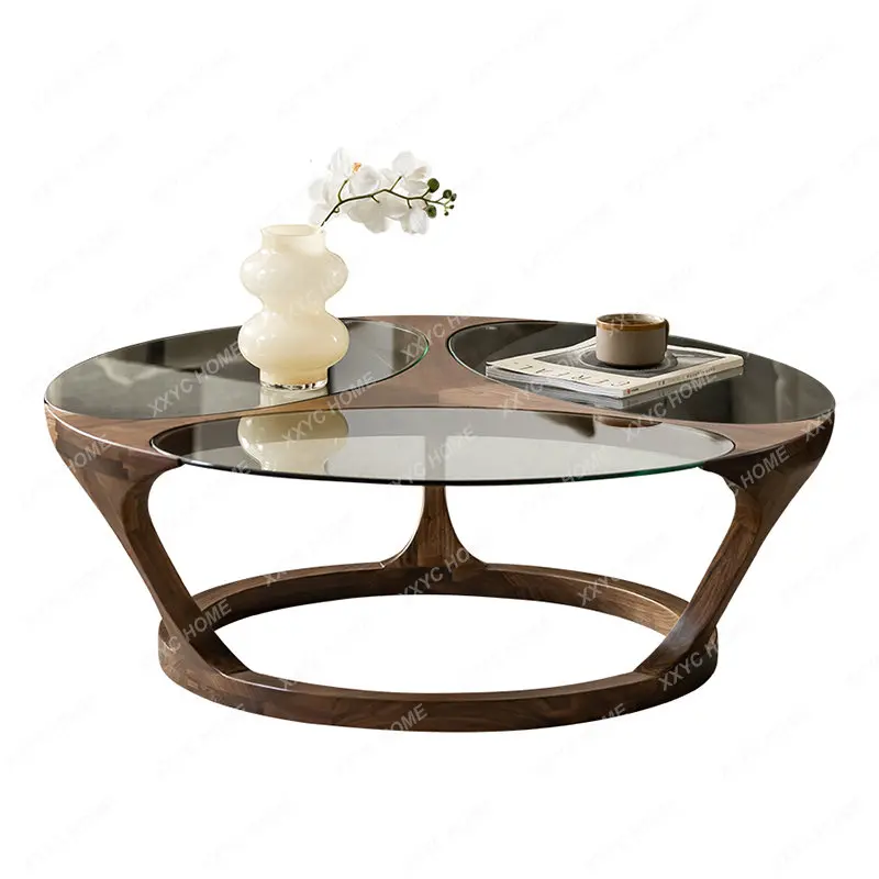 

Black Walnut Glass Shaped Tea Table Nordic and Japanese Style Minimalist Living Room Solid Wood round Tea Table Sofa Side Table