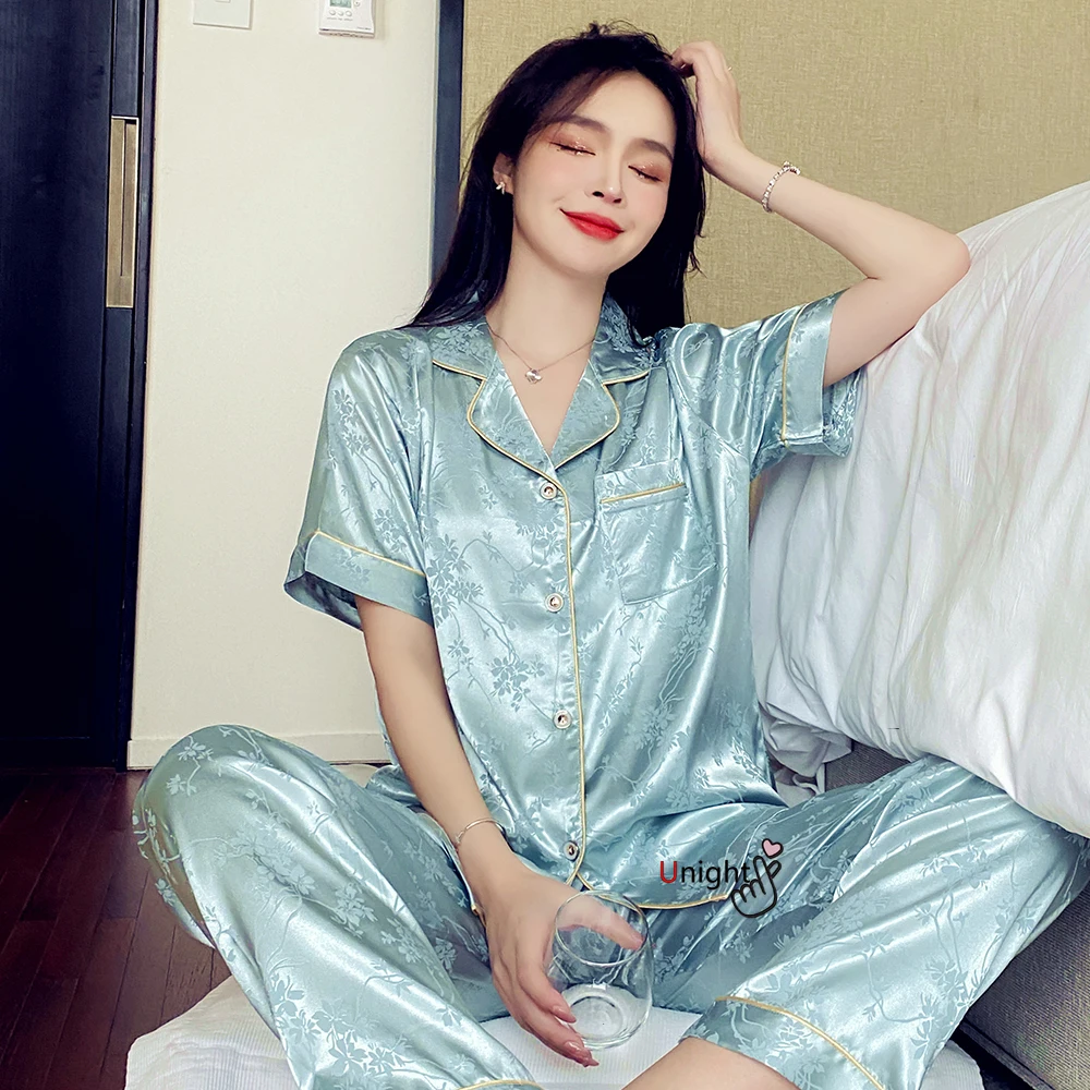 Большие размеры женские брюки с коротким рукавом пижамы шелковые атласные