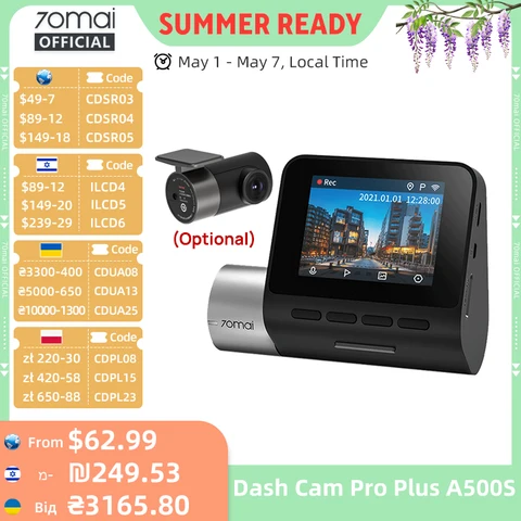 70mai Dash Cam Pro Plus A500S 1944P ADAS GPS-камера 70mai Передняя камера A500S 140FOV Автомобильный видеорегистратор 24H Поддержка парковки Задняя внутренняя камера — пример использования