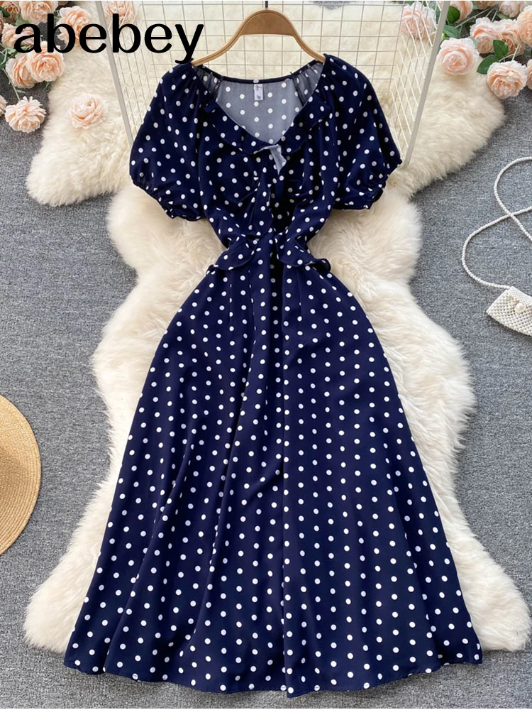 

Летнее платье в горошек, женское пикантное Бандажное платье-трапеция средней длины, пляжный сарафан, повседневные синие плиссированные веч...