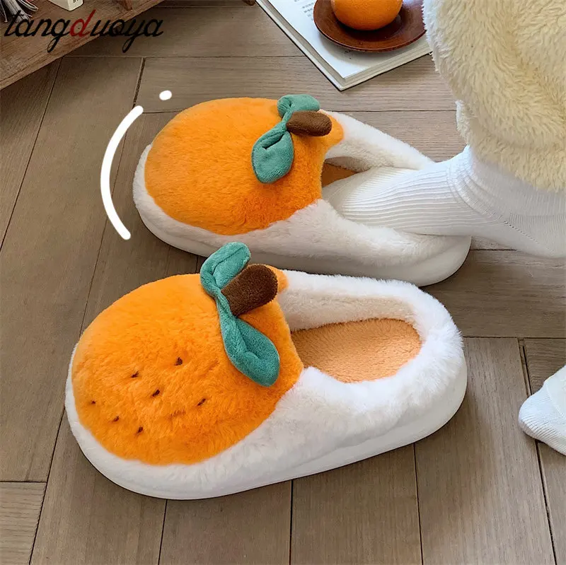 

Женские меховые Тапочки с принтом фруктов, апельсинов, пушистые теплые плюшевые шлепанцы с закрытым носком из пены с эффектом памяти, домаш...