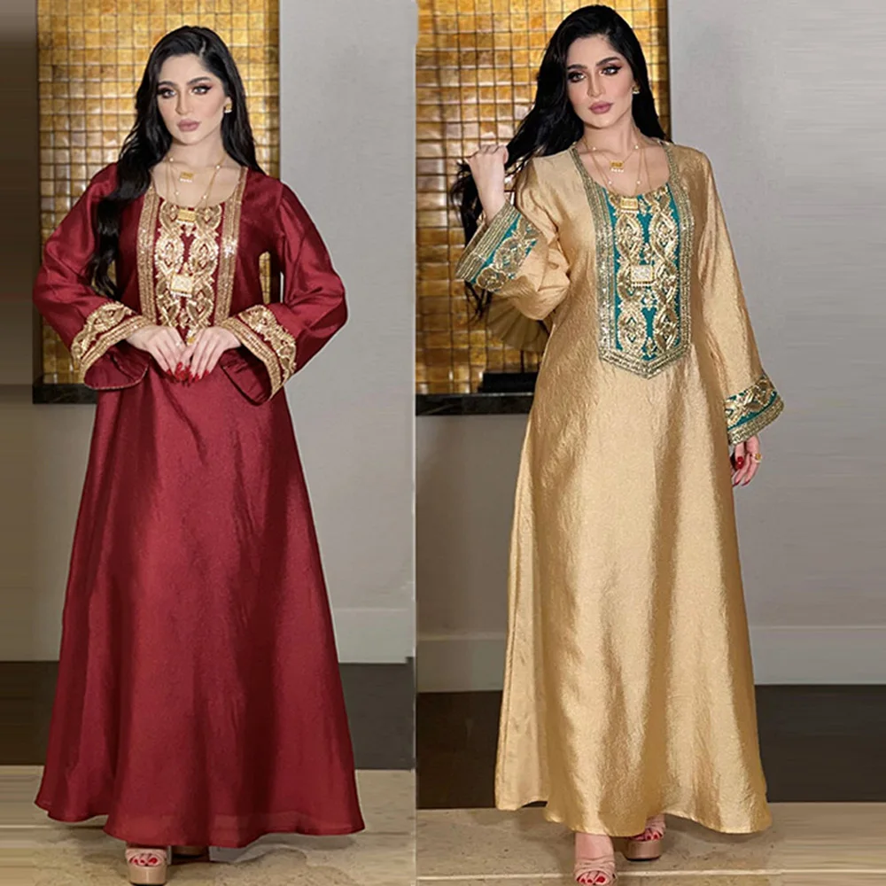 

AB123 2022 Muslim Fashion Caftan Dresses Female Robe Long Sleeve Luxurious Turkish Evening Dresses Satin Abaya Golden Embroidery