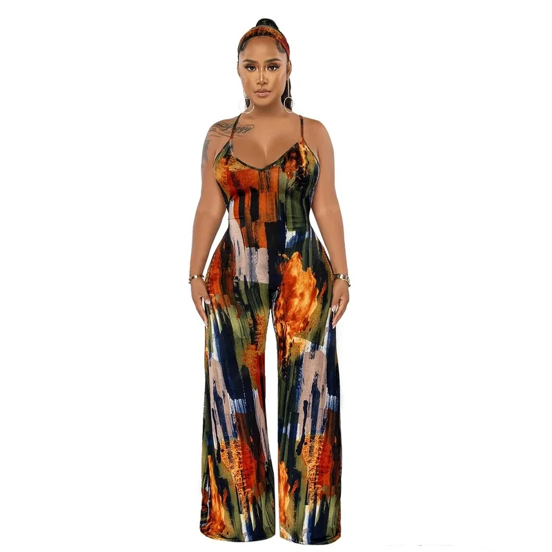 

Leopard Chain Print Loose Jumpsuit with Headscarf Women Sexy Spaghetti Straps Backless One Piece Wide Leg Pants Casual Overalls