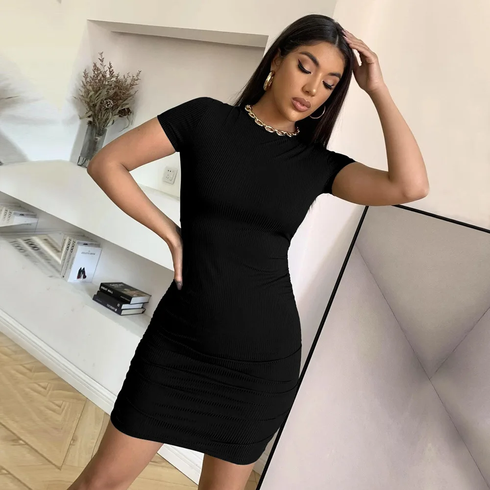 

2023 Summer New Sexy Backless Lace up Short Sleeve Wrap Hip Dress Round Neck Versatile Knitted One Step Dress for Women