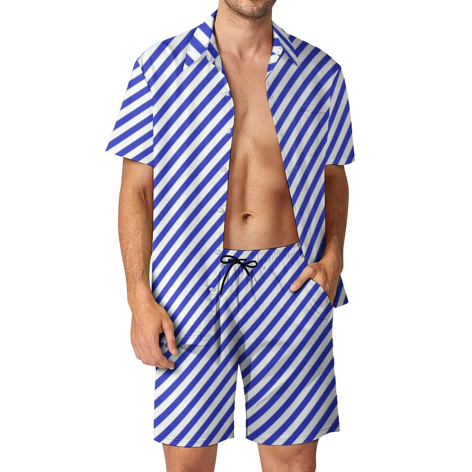 

Diagonal Striped Men Sets Blue And White Stripes Cool Casual Shirt Set Short Sleeve Graphic Shorts Summer Vacation Suit Big Size