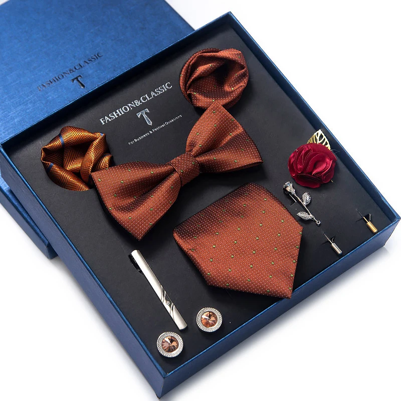 2022 New Style Classic Silk Wedding Gift Tie Pocket Squares Set Cufflinks Brooch Pin Necktie Box Men Solid Fit Festive Present