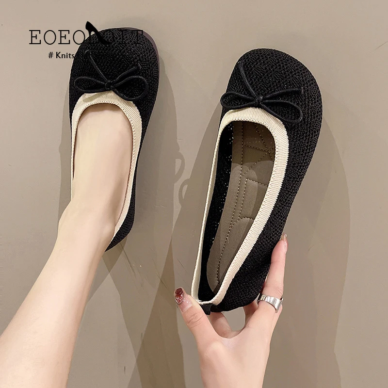 

Summer Holes Loafers Patchwork Knits Ballet Flats Shoes Women Flat Heel Square Toe Slip-on Moccasins Shoes