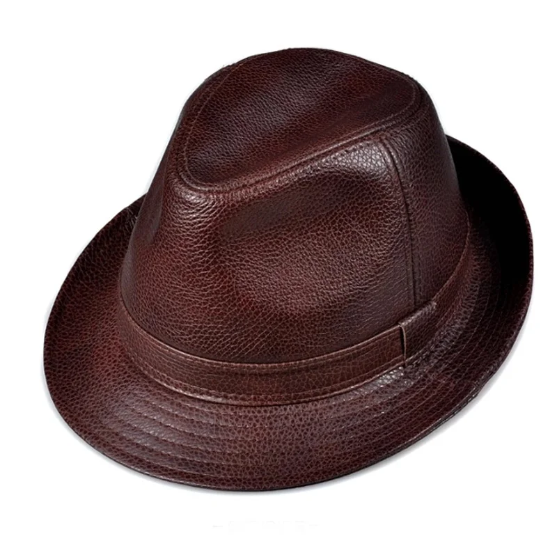 

New 2023 Man High Quality Genuine Leather Jazz Fedora Gentleman Cow Skin Short Brim Black/Brown Top Hat Male Shows Topper