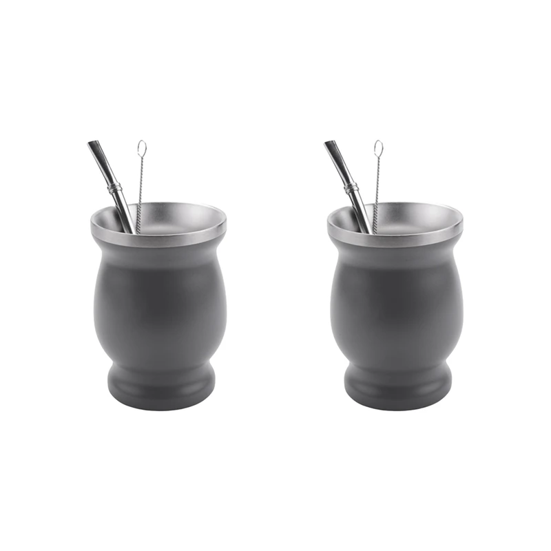 

2X Double-Wall Stainless Yerba Mate Gourd Tea Cup Set Coffee Water Cup With 2 Bombillas Straws Spoon & Clean Brush ,Gray