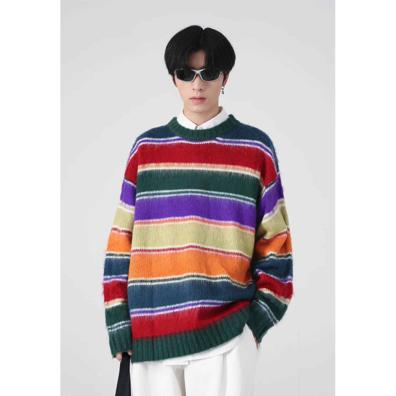 

Men Women Korean Streetwear Fashion Colors Stripe Loose Casual Vintage Pullover Sweater Male Hip Hop Knitwear Sweater Coat