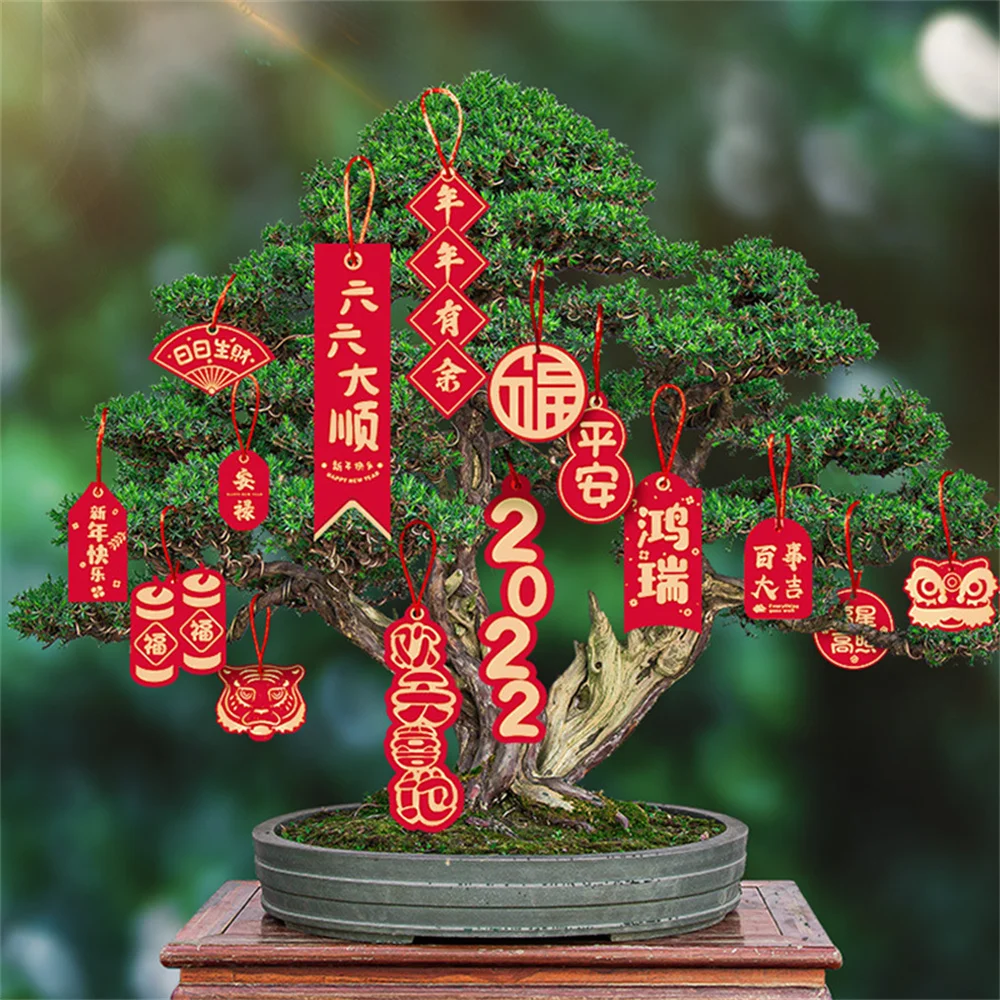 

16 Pcs Chinese New Year 2022 Spring Festival Lucky Blessing Year Of The Tiger Small Pendant For Bonsai Fortune Tree Decoration