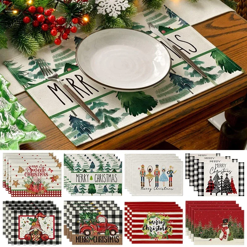 

4Pcs Linen Coaster Christmas Printed Table Place Mat Coffee Tea Cup Placemat Insulation Pad New Year Dining Table Decoration