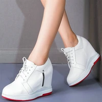 casual shoes women genuine leather wedges high heel pumps female round toe fashion sneakers lace up platform motorcycle boots