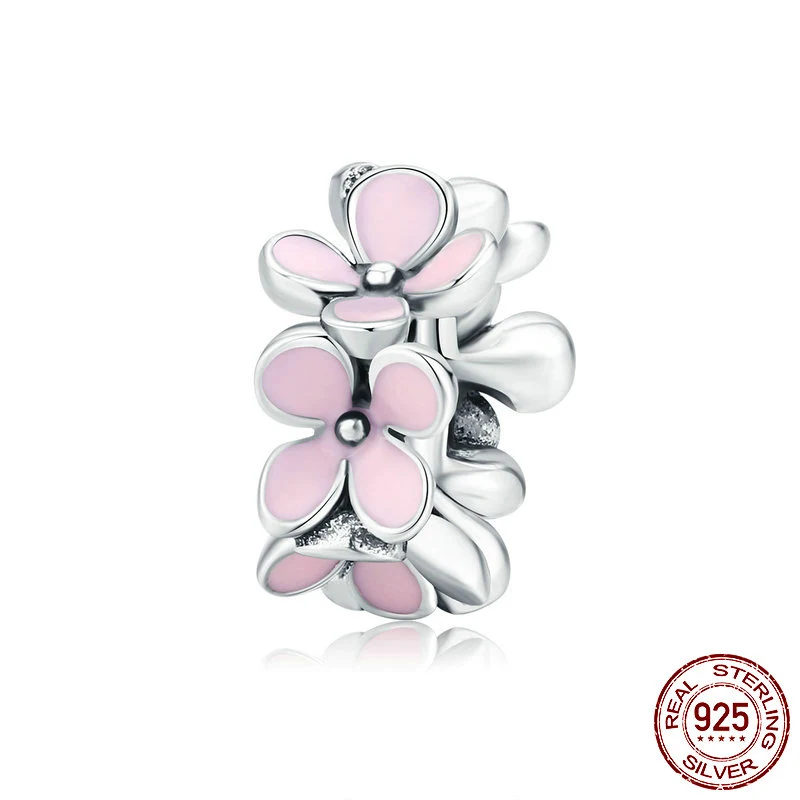 

DISINIYA Silver 925 Pink Enamel Flower Charm for Women Original Bracelet Bangle 925 Sterling Silver DIY Jewelry Beads SCC141484