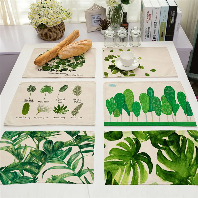 

Tropical Palm Green Leaf Kitchen Placemat Coaster Dining Table Mats Cotton Linen Pad Bowl Cup Mat 42*32cm Home Decor MP0001