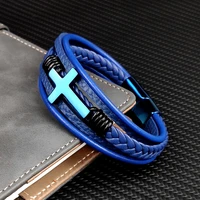 new custom blue charm man bracelet stainless steel blue cross fitting multi layer leather braided magnet lock for christmas gift