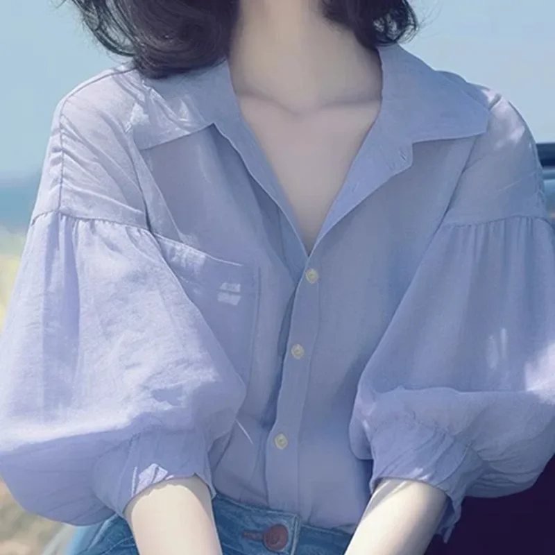 Летний шикарный чувственный фиолетовый топ с рукавами-фонариками в корейском