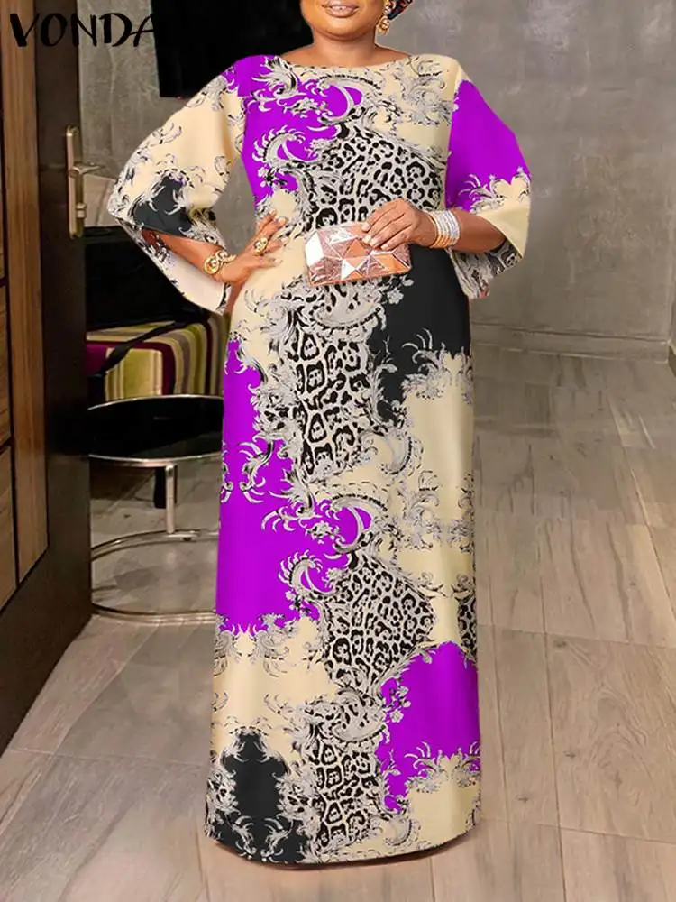

Fashion Long Dress 2023 VONDA Summer Women 3/4 Sleeve Bohemian Pleated Vintage Printed Holiday Party Maxi Dresses Casual Robe