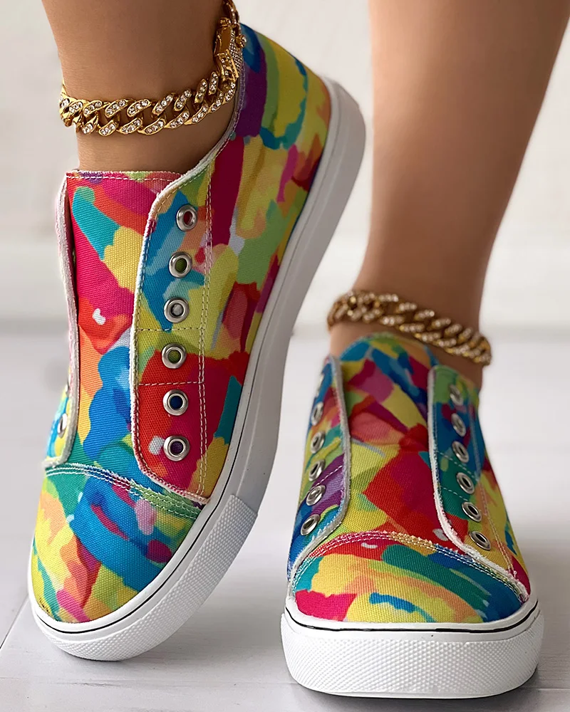 

Women Casual Fashion Flat Shoes Running Wear Melting Colors All Over Print Eyelet Canvas Sneakers