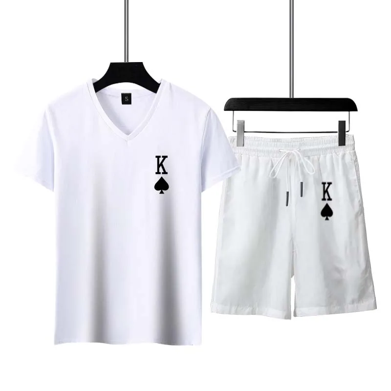 Summer Men's Tracksuit Casual Short Sleeve Solid Color Crown K A3D Print Outfit V- Neck Male T-shirt Sportswear Comfortable Top