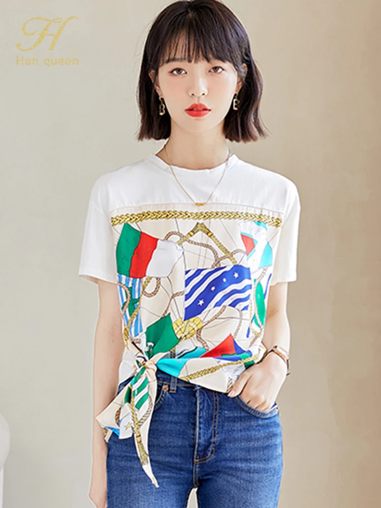 

Женская блузка с принтом H Han Queen, элегантная повседневная винтажная блузка с коротким рукавом, элегантная Свободная рубашка, новое поступле...