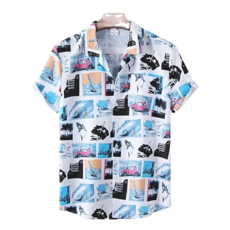 

2022European and American Flower Shirt Hawaii Beach Cuban Collar Ice Silk Digital Printing Short Sleeve Flower Shirt Combination