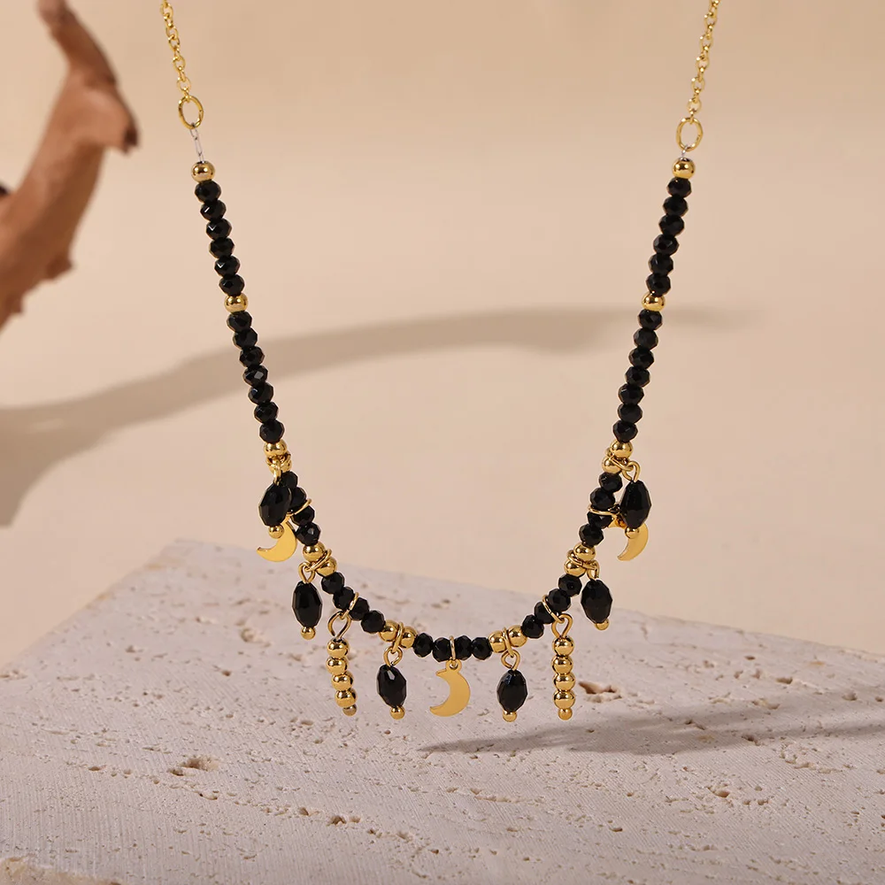 Noble Black Crystal Stainless Steel Necklace for Women Gold Plated Tassel Pendant Luxury Charm Chain Jewelry Gift |